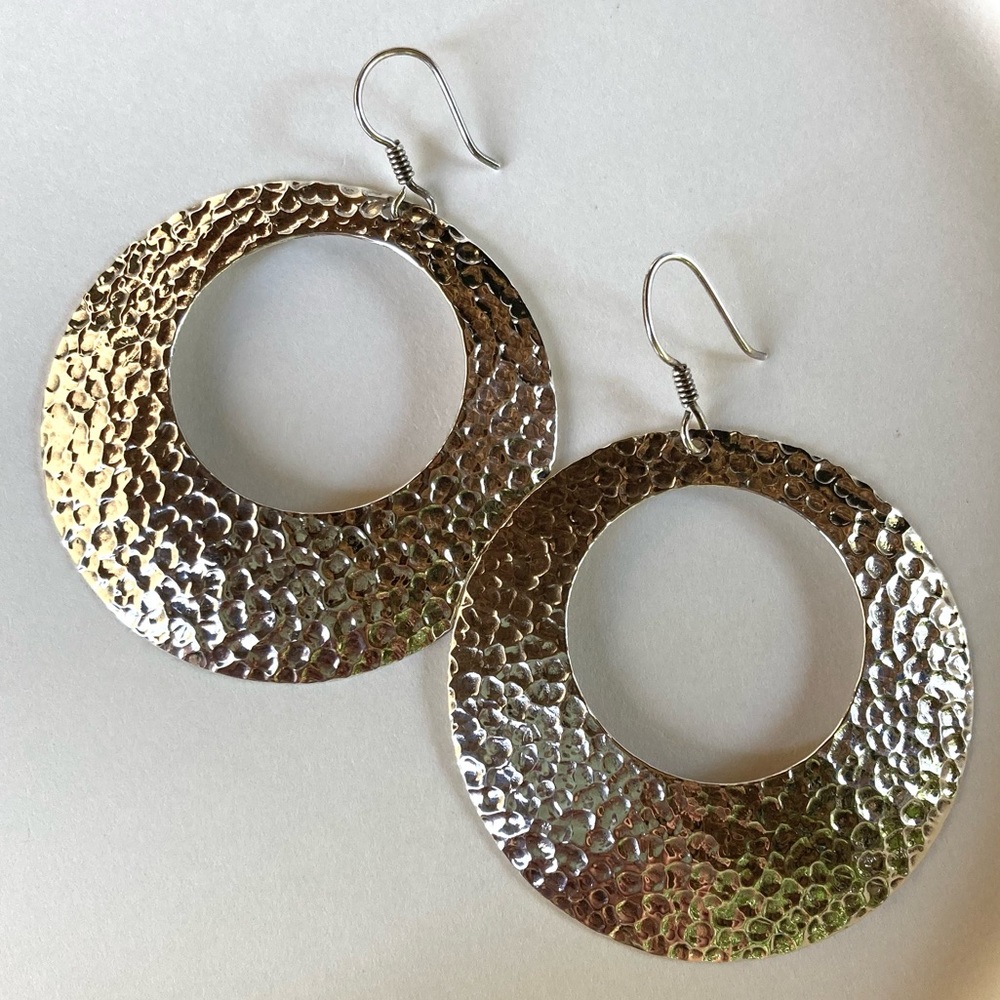 Sterling Silver Hammered Disc drop hoop earrings 2.6"